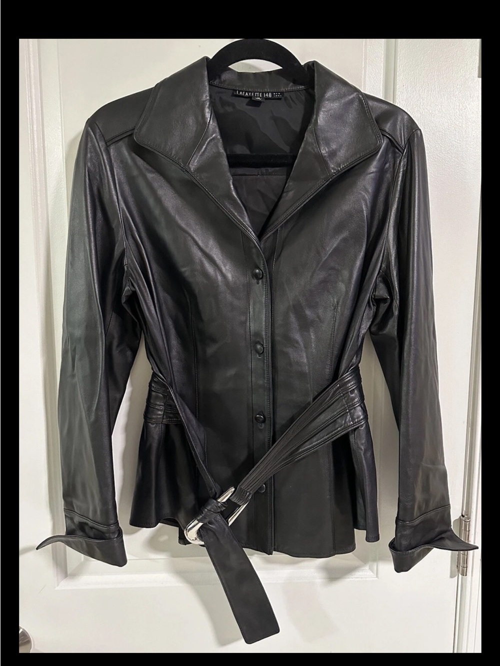 Lafayette 148 New York black 100% leather belted jacket shirt size 10